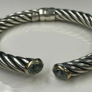 Burdick Co 925 Sterling 14K Yellow Gold Blue Stone Hinged Cuff Bracelet (R505)